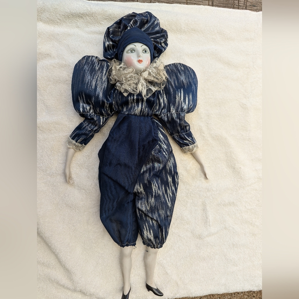 Vintage Harlequin Porcelain Doll in Blue and Silver